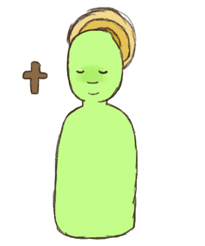a light green figure with a yellow halo behind them. they have a face, smiling with closed eyes, and a small, brown cross next to them.